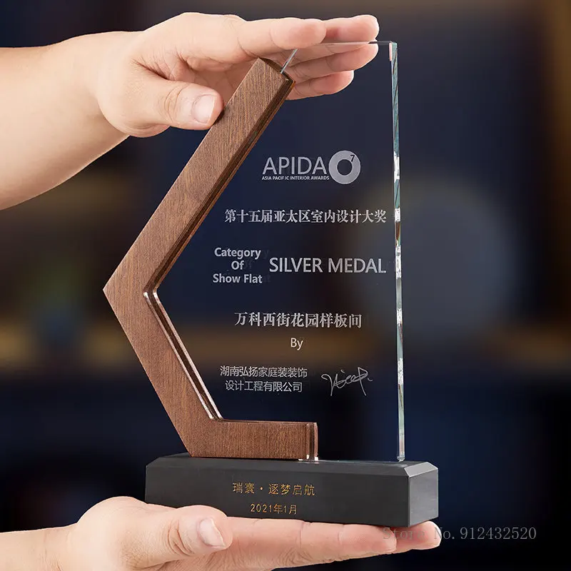 Solid Wood Base Crystal Trophy, Customized Authorization Plate, Annual Meeting Honors, Outstanding Staff Award, Medals, High Gra