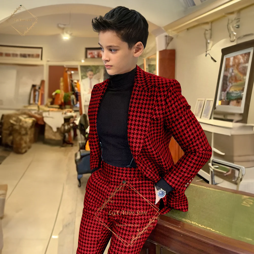 

Boys luxury elegant houndstooth suit 2 piece set, custom peaked lapel jacket pants wedding party formal occasion suit