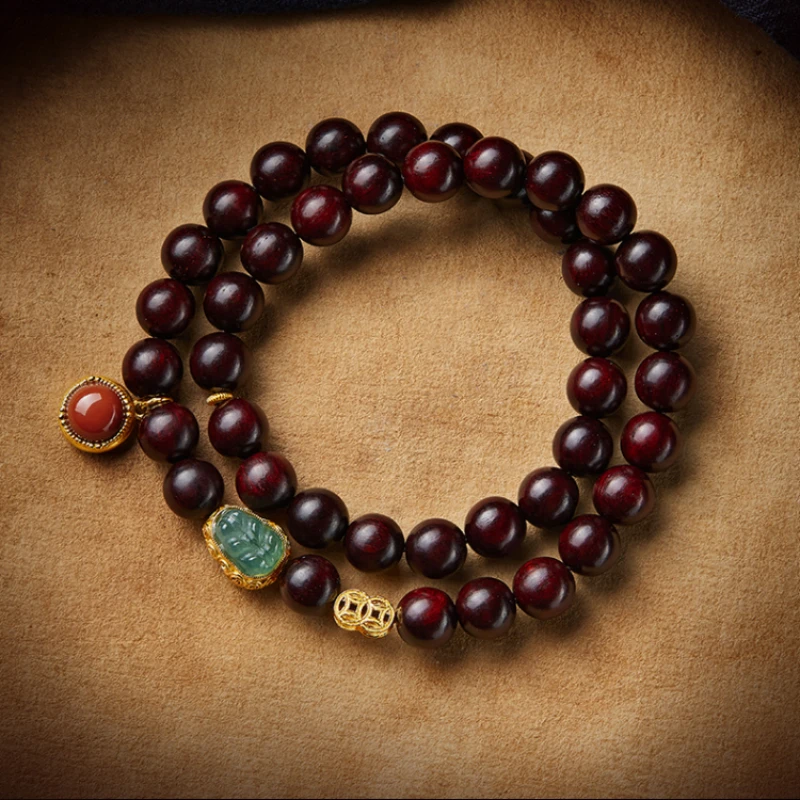 Bracelet Natural Material Pterocarpus Santalinus Solid Wood RetroBuddha Beads Multi-Circle Red Agate with Hetian Jade AdultStyle