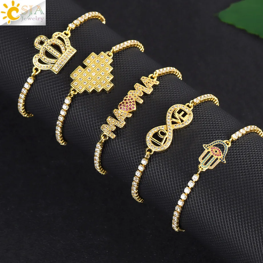 CSJA Turkish Hasma Hand Bracelet Gold Color Adjustable Chains Zircon Fatima Enamel Evil Eye Charms Bracelets For Women T047