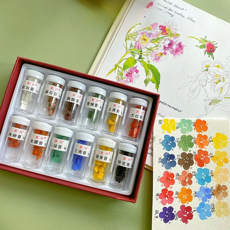 Imagem -01 - Pintura Chinesa Pigmentos Grupo Sólida Cor Mineral Aquarelas Pintadas à Mão Arte do Artista Suprimentos 12 24 Cores pintura chinesa pigmentos grupo solida cor mineral aquarelas pintadas a mao arte do artista suprimentos 12 24 cores 01