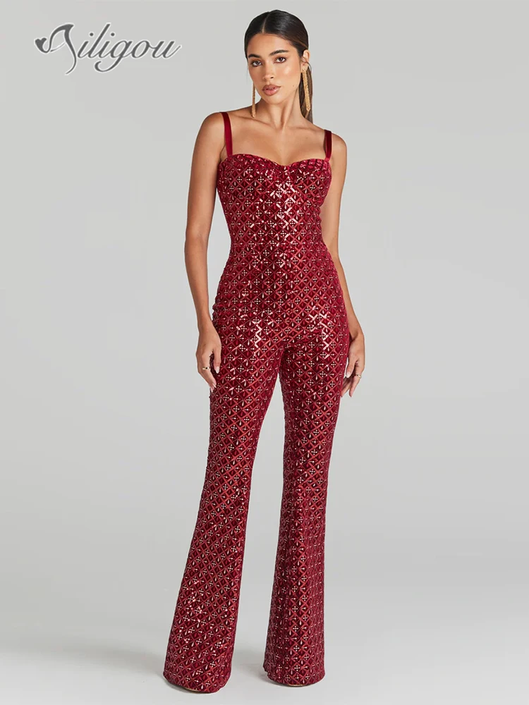 

Ailigou 2024 New Summer Women's Wine Red Black Sexy Luxury Sequins Sleeveless Backless Long Jumpsuit Elegant Party Jumpsuit