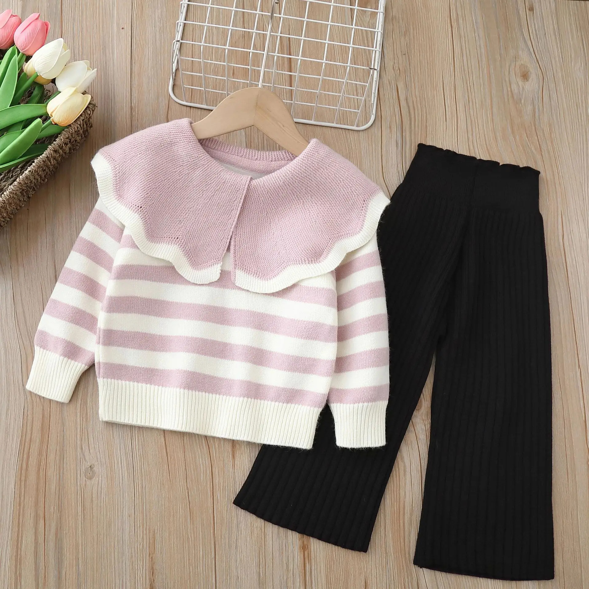 2024 Girl Sweater Two Piece Set Knitted Suit Autumn New Pattern Flip Collar Girl Round Neck Sweater