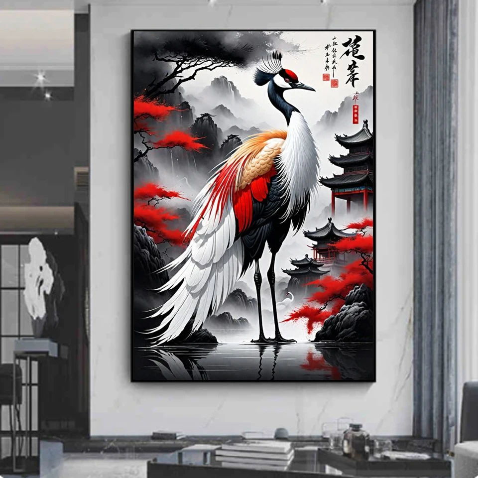 New 5D Diamond Painting Red-Crowned Crane Flower Moon Scenery Full Mosaic Embroidery Chinese Style cross stitch Wall Art Bird