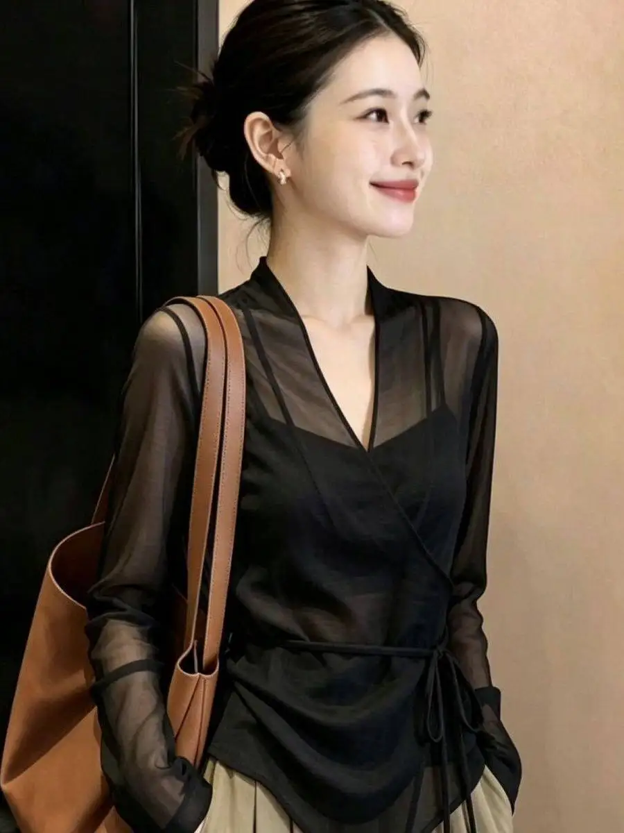 

Elegant Sun Protection Shirt Women's Fashion Slim Fit Translucent Commute High End Versatile Top Lady Stylish V Neck Long Sleeve