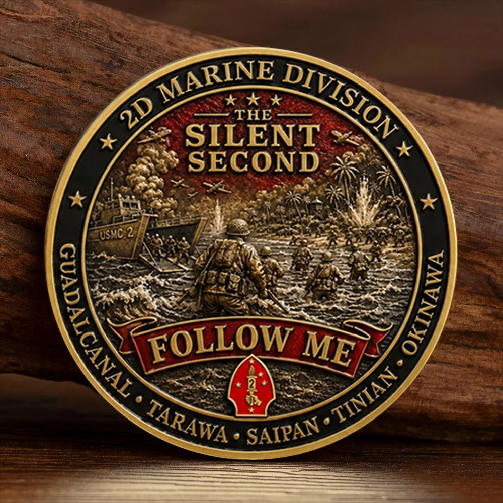 US 2nd Marine Division Gold Plated Challenge Coin The Silent Second Follow Me Embossed Enamel Commemorative Coin Souvenir Gift