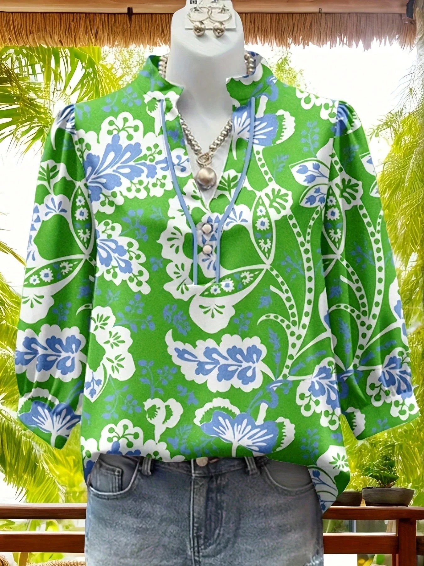 

Vintage V-Neck Puff Sleeve Floral Blouse Three Quarter Sleeve Casual Top