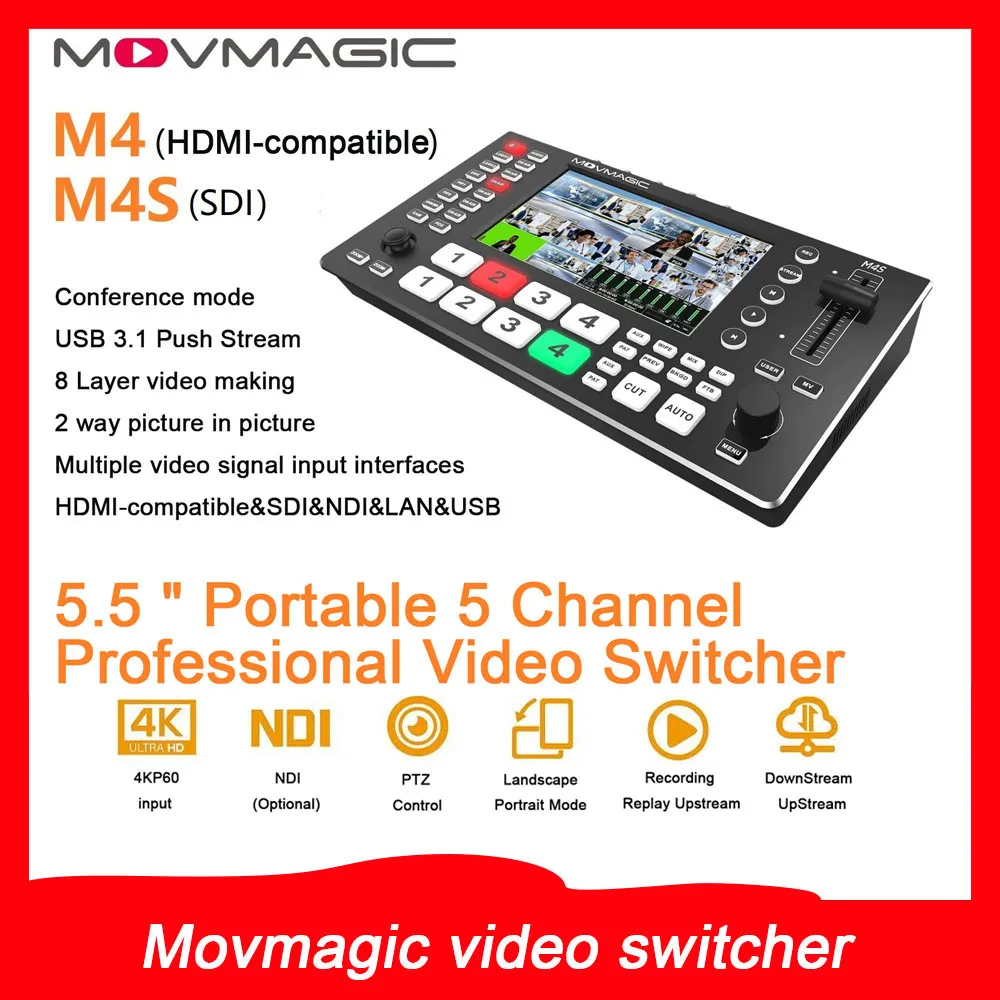 Movmagic M4/M4S 5 Channel SDI NDI HDMI-compatible video switcher 5.5 inch screen for live streaming black magic video switcher