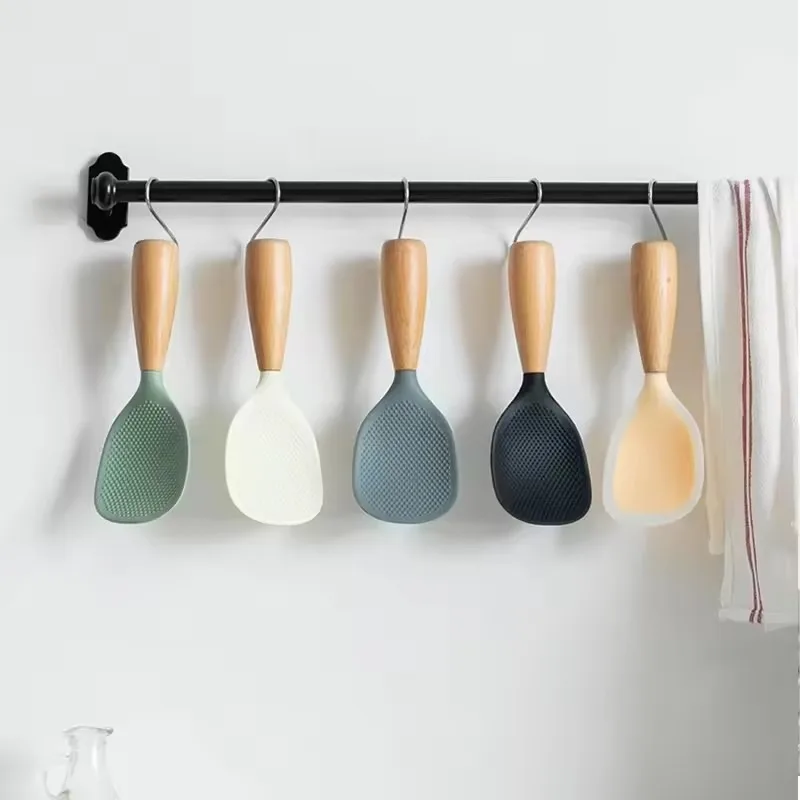 

Standing Silicone Rice Spoon with Wooden Handle - Non-Stick & Heat-Resistant - Kitchen Tool for Rice Washing, Straining Cooking