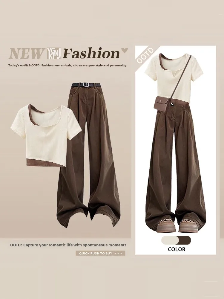 

Ретро-комплект в стиле Hong Kong: женская футболка с коротким рукавом и V-образным вырезом, брюки с высокой талией и широкими штанинами, свободный летний костюм из двух предметов