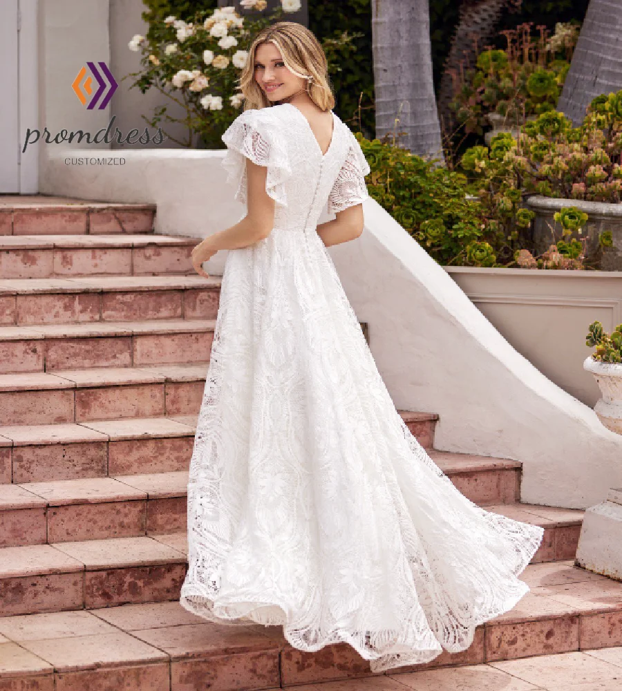 Full Lace Bohemian Wedding Dress With Flutter Sleeves Elegant Celtic Boho Bride Dress 2026 Charming Rustic Country Bridal Gowns