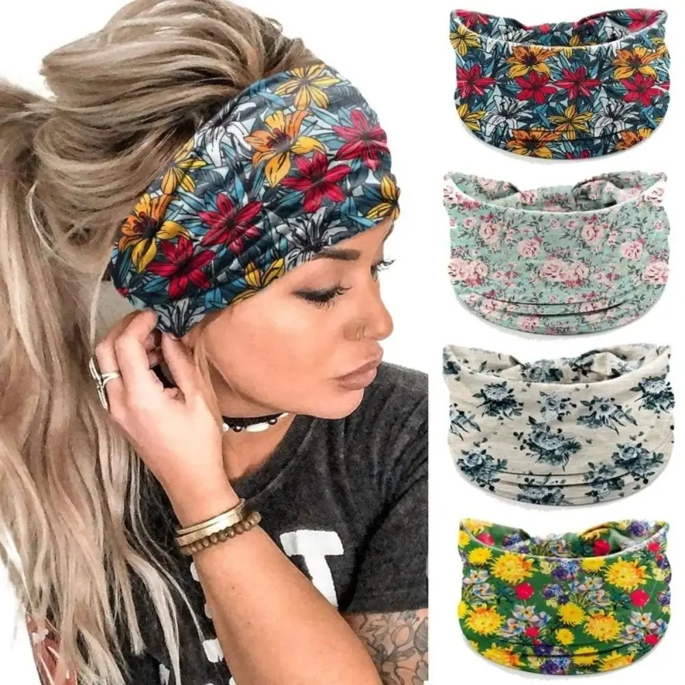 Bohemian Wide Headband Cotton Stretch Nonslip Workout Headwrap Knotted Floral Yoga Sports Sweatband Elastic Turban Headwear
