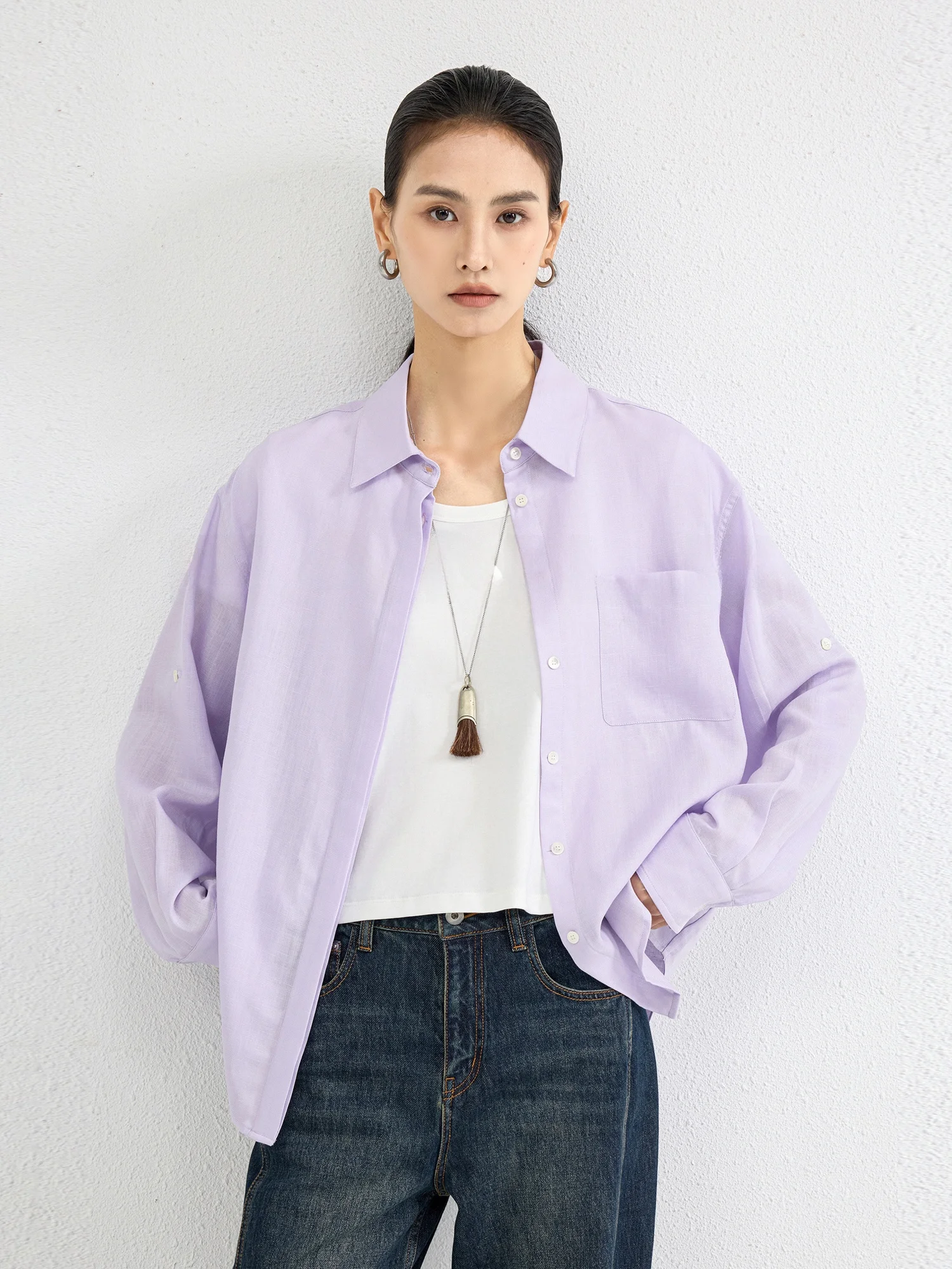 

FANLE STUDIOS Двусторонняя шелково-льняная рубашка с длинным рукавом, комфортная, дышащая, свободного кроя, для женщин, лето 2026