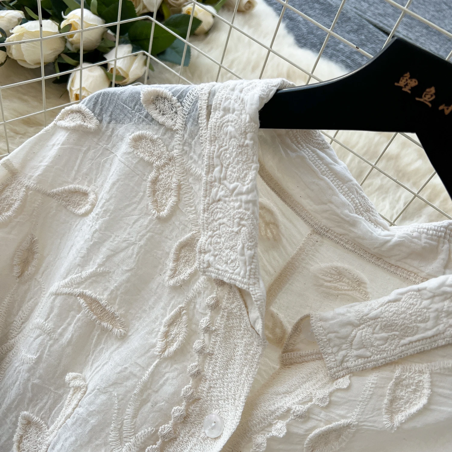 Vintage Elegant Embroidery Long Sleeve Blouse Fashion Single Breasted sweet Shirt  Casual Chic Top Fairy  Summer Women