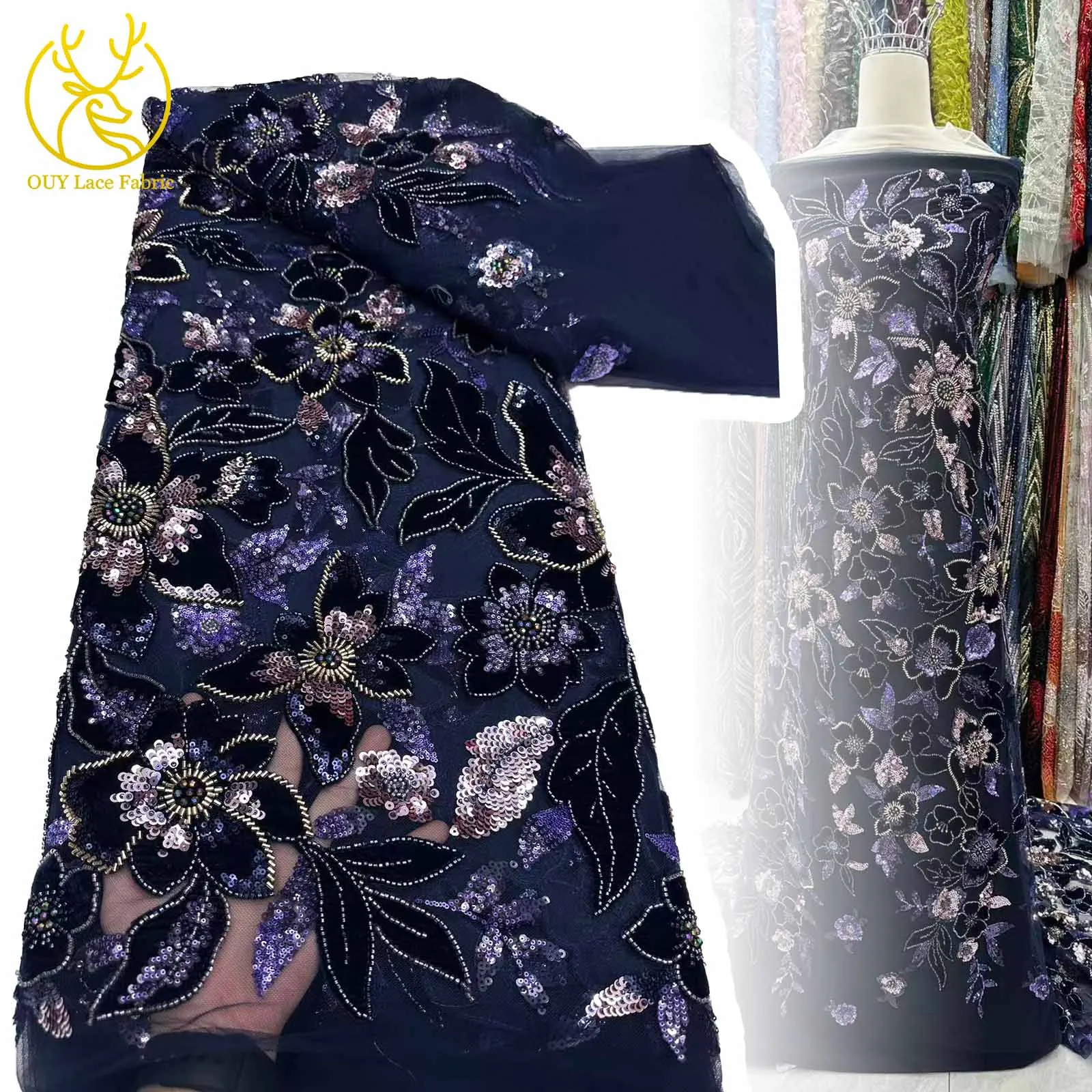 

New Fashionable French Top Velvet Hand-Embroidered Flowers Beaded Sequins Lace Fabric For Women's Wedding Dress Material Sewing