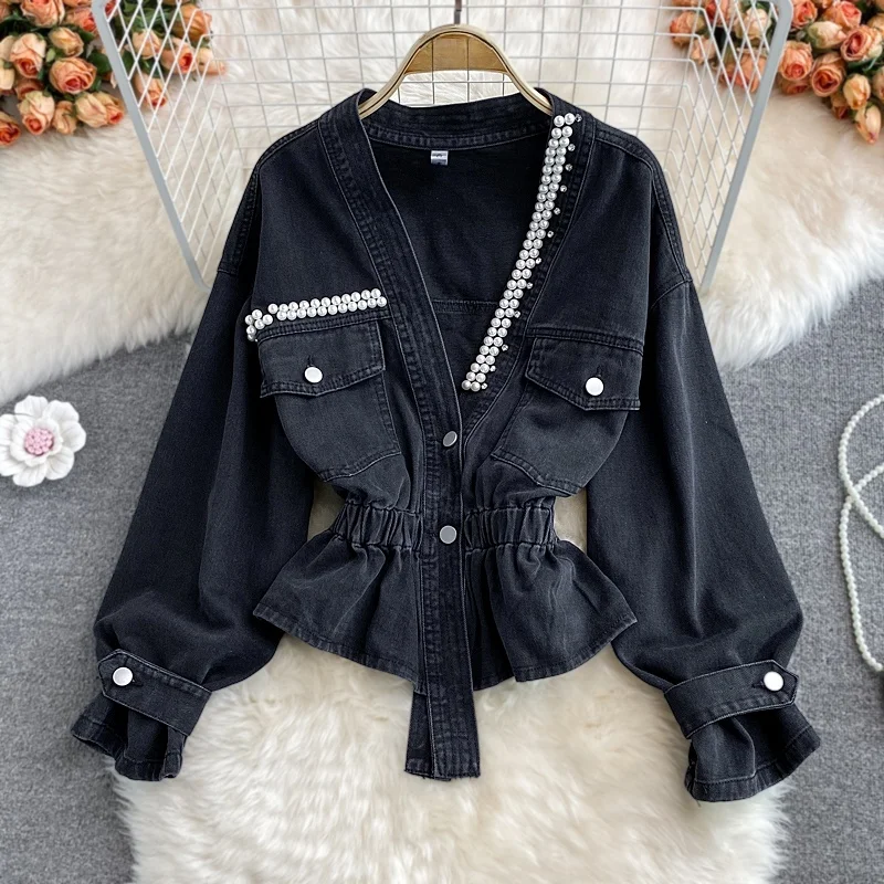 Women's V-Neck Denim Jacket Short Style Loose Fit Fashionable Bf Korean Version Autumn Winter New Arrival Button Closure