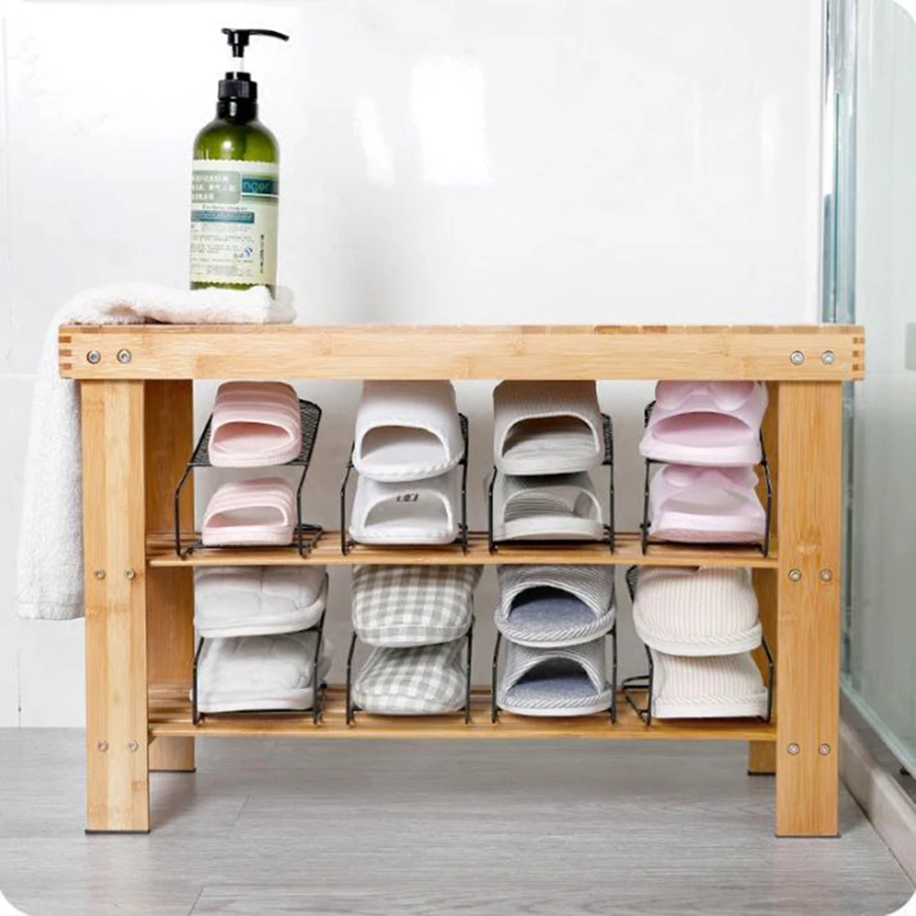 

Double Layer Shoe Organizer Black Iron Space Saver Rack For Closet Floor Hollow Design Easy Clean Non-Slip