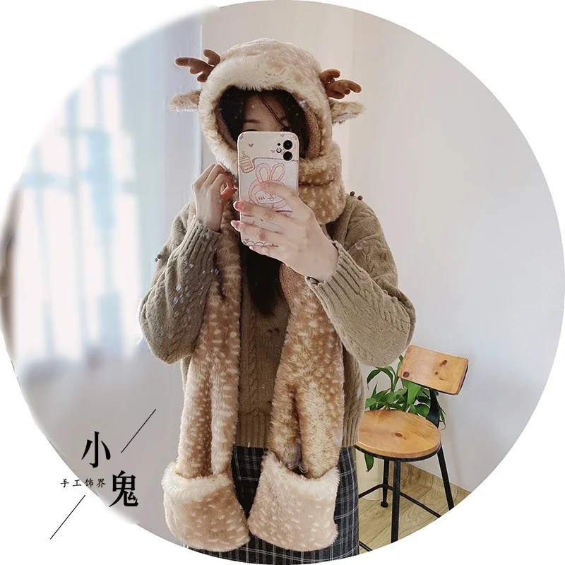 Cute Cartoon Deer Ears Fur Hats Plush Ear Protection Hat Scarf Lolita Kawaii Winter Warm Hooded Scarf