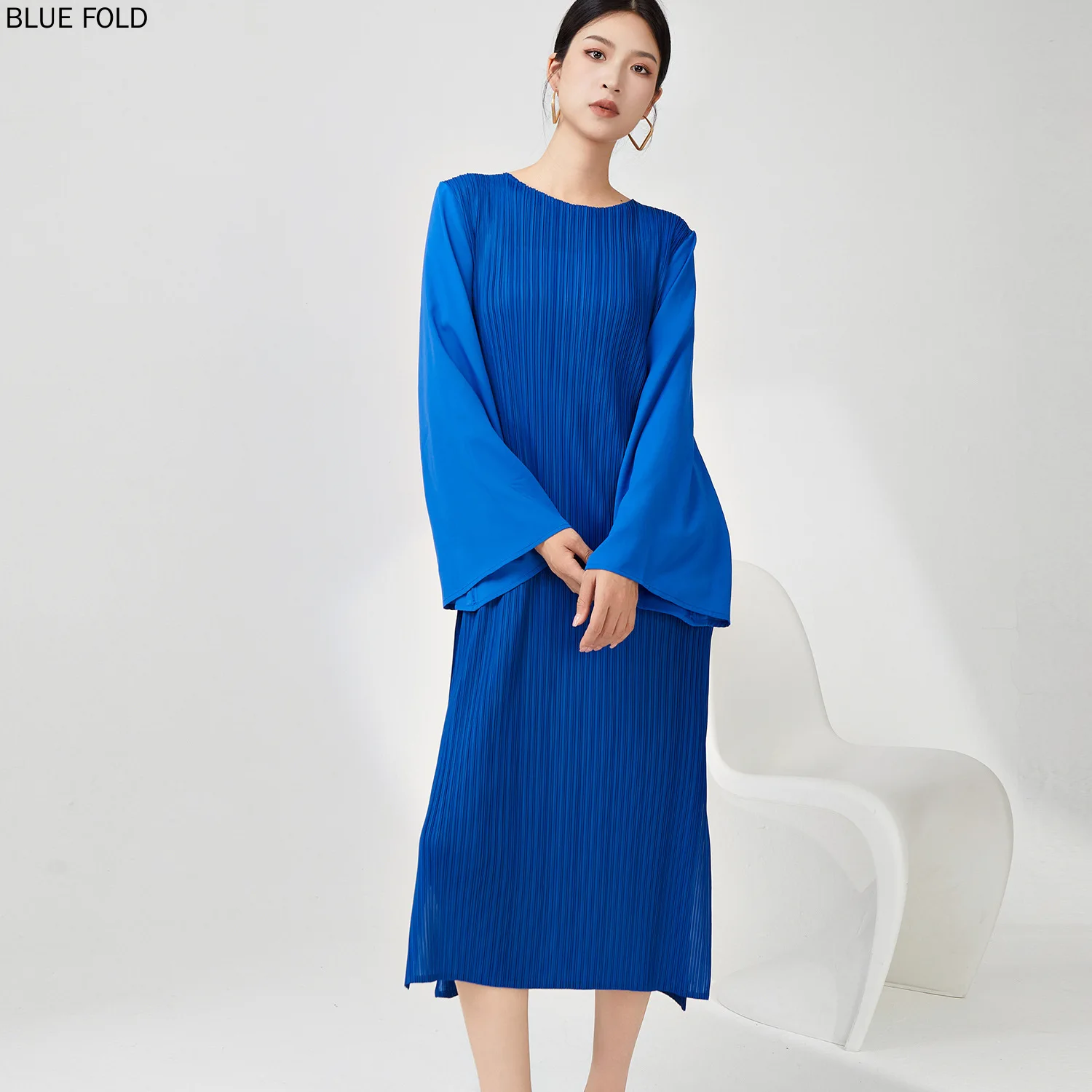 

Miyake Dress Long Sleeves Women's High-grade Trumpet Sleeves Loose Slit Mid-length Dress Temperament Dresses Elegant Vestido