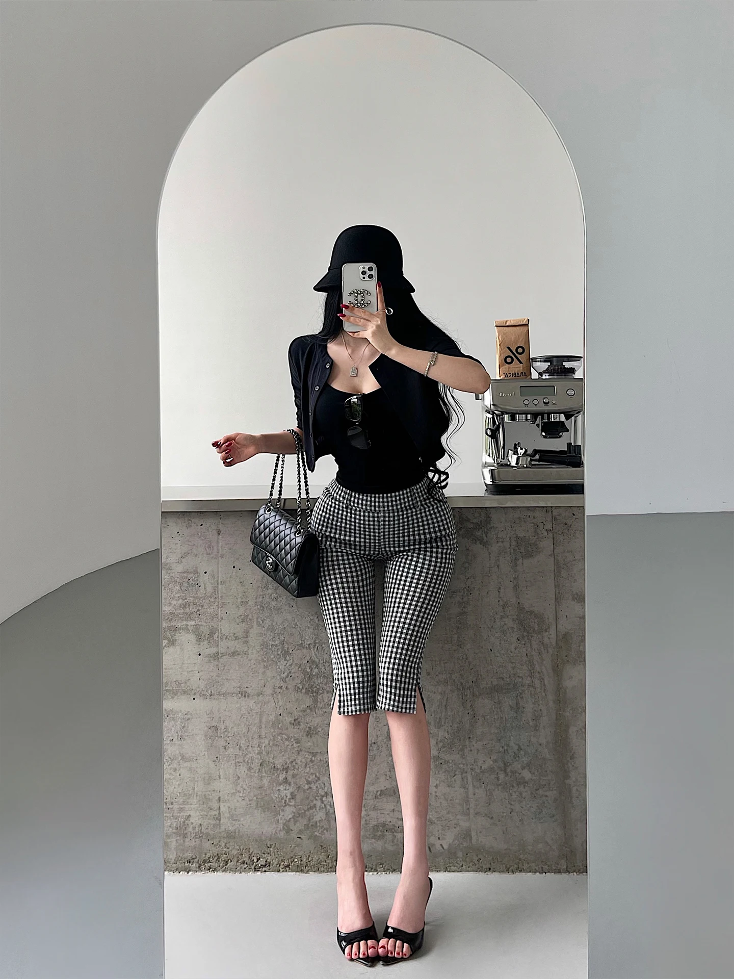 High Waist Flared High Waist Capri Pants Casual Tight Fit Seven Eighths Lengthened Trousers with Side Slits Checkered Pattern