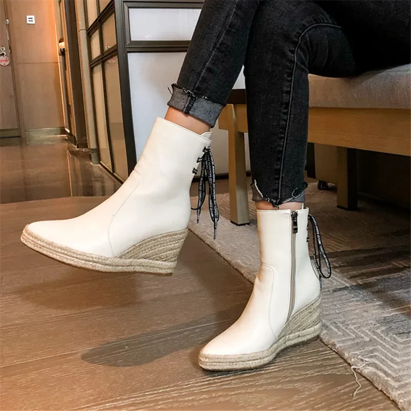 Women\'s High Quality Ankle Boots Women\'s Hemp Rope Straw Platform Wedge Boots Women\'s Zipper Back Collar Autumn Boots