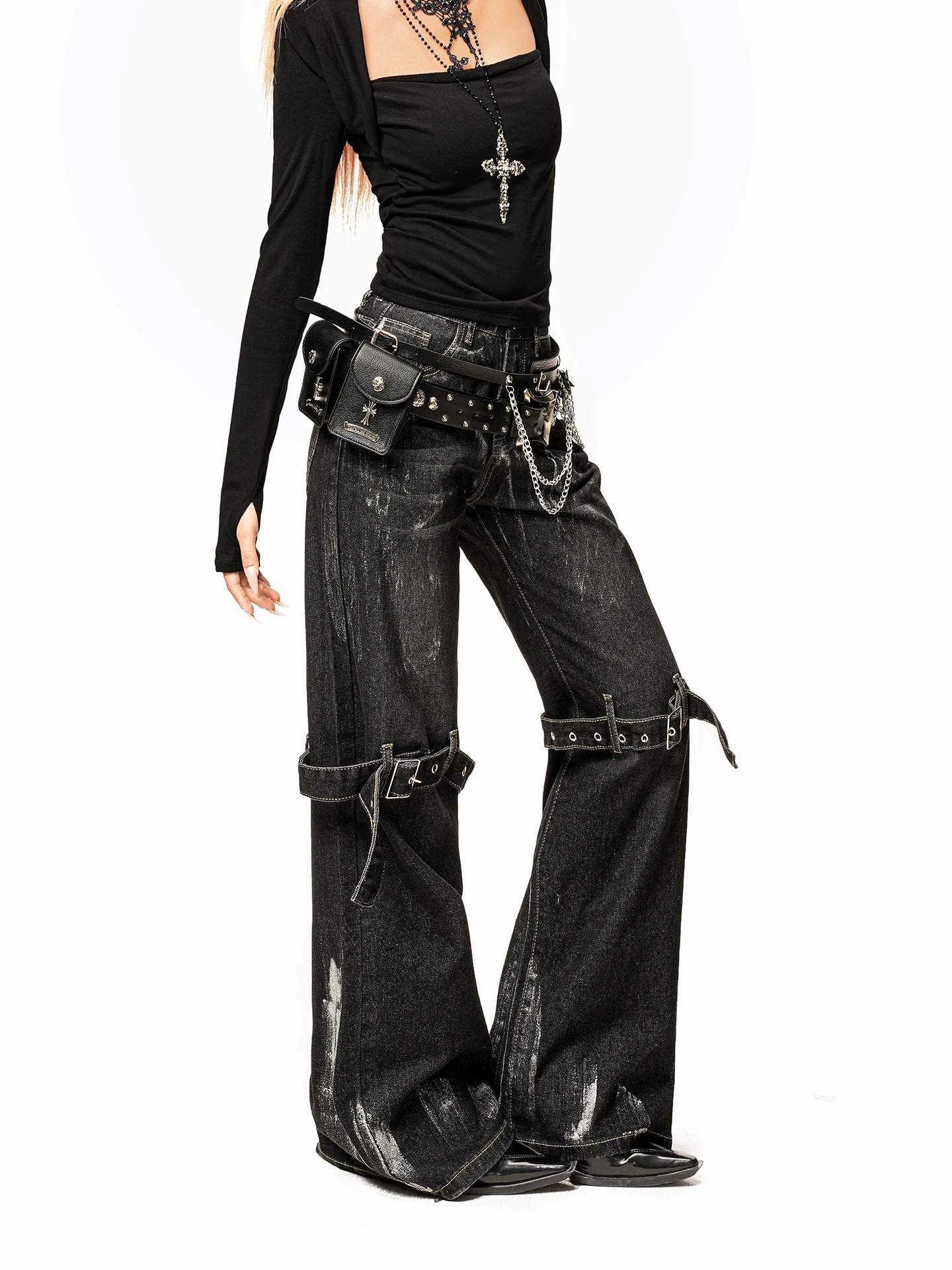 

Чернильные американские джинсы с талией в стиле ретро, женские джинсы в стиле панк, популярные девушки, широкие брюки длиной до пола, уличные брюки с низкой талией