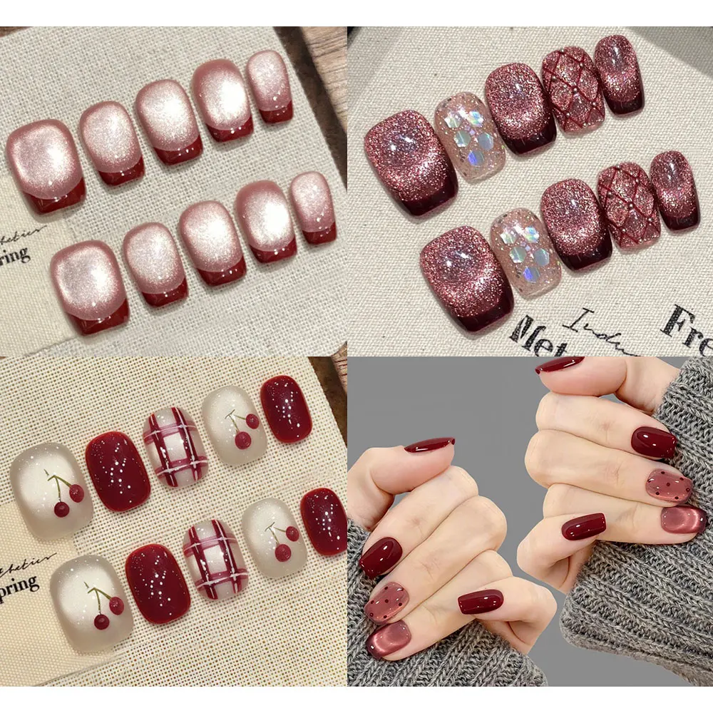 

10pcs/bag New Year Red French Cherry Spotlight Cat Eye Effect Handmade Press On Nails Super Short Coffin Detachable False Nails