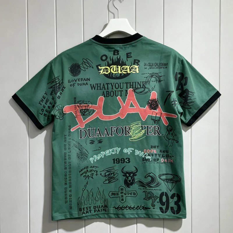Washed Worn Out Green DUAA Tshirt Spliced Red Hotfix Rhinestone Graffiti Round Neck Black Patchwork Short Sleeves Men Women Tees