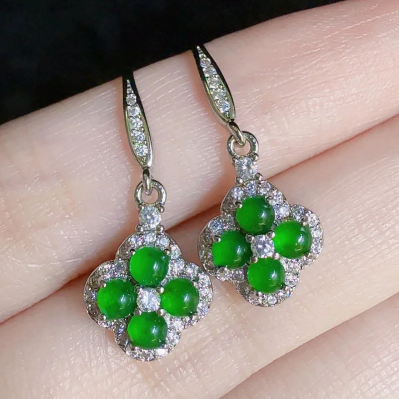 Natural A-grade jadeite ice green cabochon earrings, light luxury vintage style women's earrings, popular live-streaming jewelry