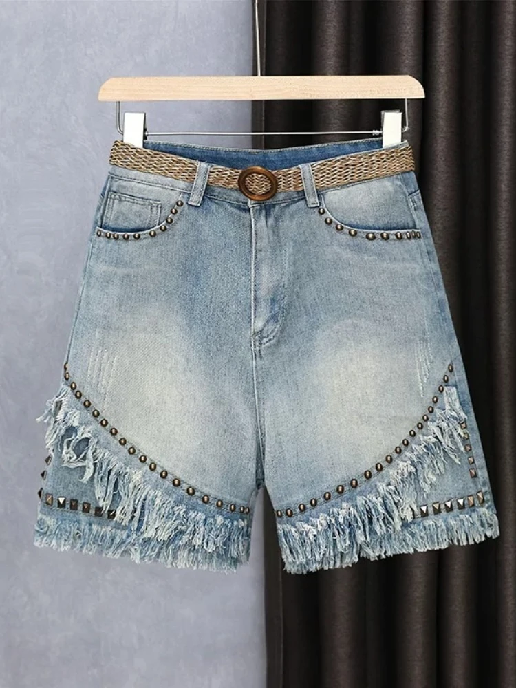

Shorts Summer Rivets Fringe Denim Petite Loose Leg High Waist Slimming Stylish Breathable Cool 2026 New Fashion Crop Trousers