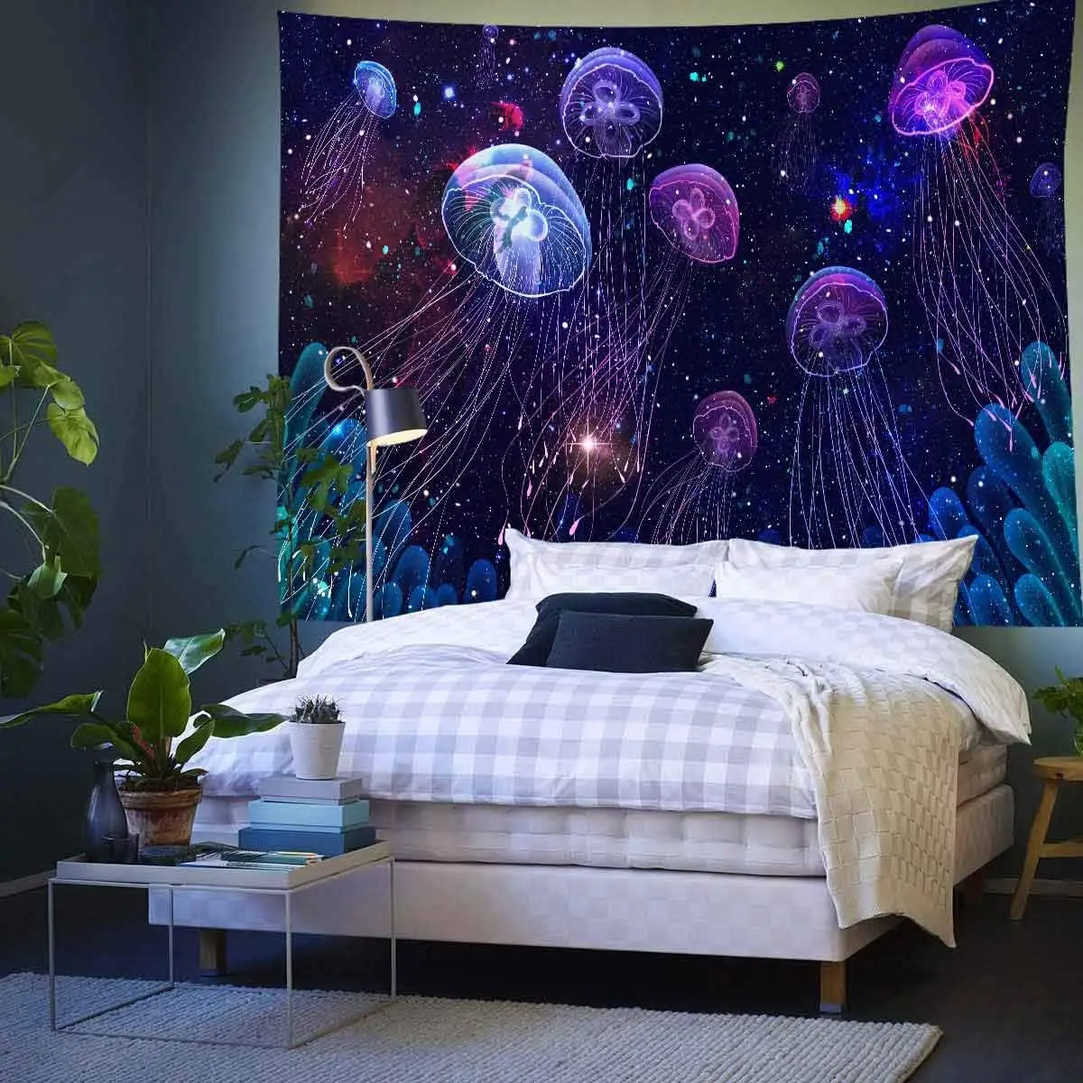 Galaxy Jellyfish Tapestry, Glowing Neon Jellyfish Starry Space Seaweed Wall Hanging, Fantasy Home Party Background Cloth Decor