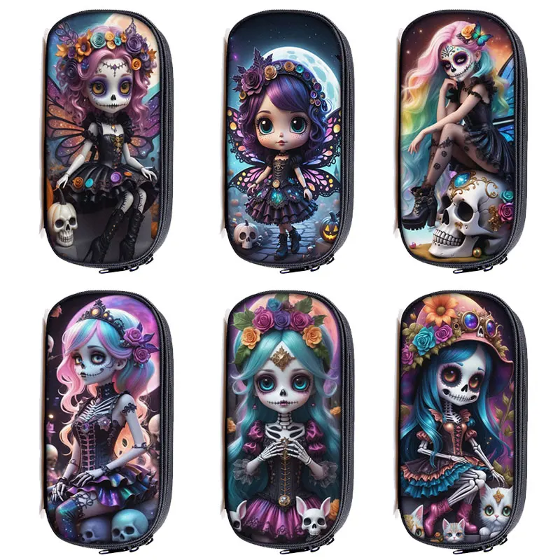 Gothic Skull Fairy Print Cosmetic Case Gothic girl Pencil Bag Skeleton School Cases Brush Holder Pencil Box Stationery Bags