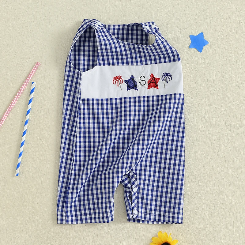 

Baby 4th of July Romper with Star Embroidery and Plaid Details Sleeveless Overall Bodysuit for Summer Celebrations