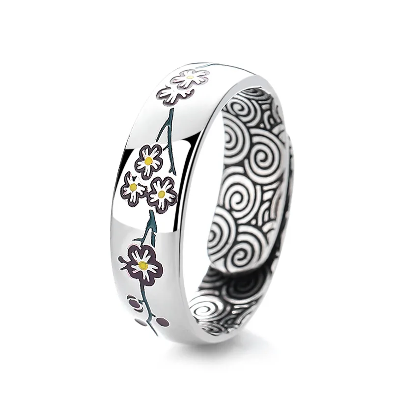 Buyee 925 Sterling Silver Female Ring Elegant Plum Blossom Open Ring Finger for Women Fashion Ethnic Fine Jewelry Circle Gift