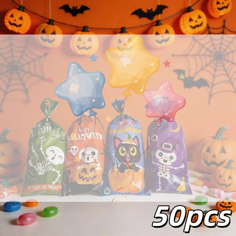 50Pcs Halloween Candy Treat Bags Cartoon Ghost Pumpkin Skeleton Pattern PP Gift Pouches For Halloween Party Snack Packaging
