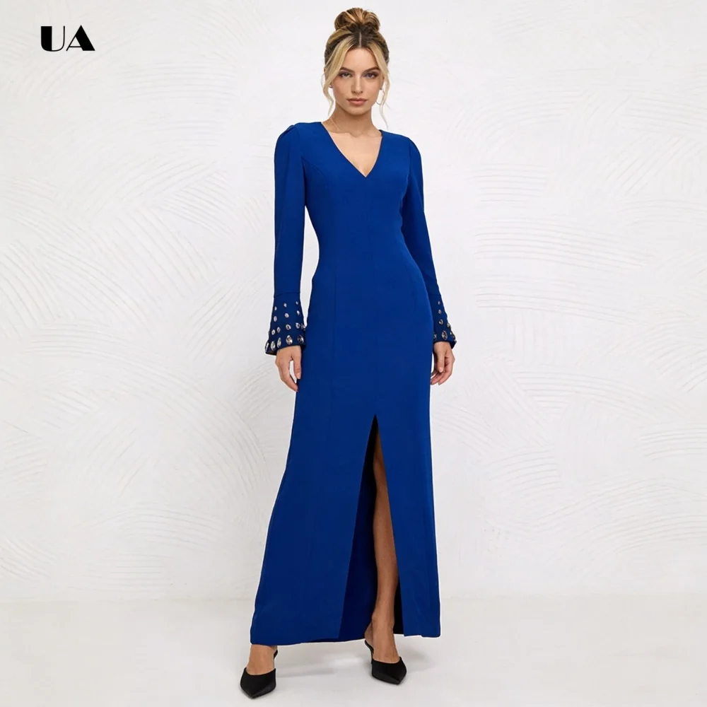 ULBYANRN Vestido de fiesta con mangas acampanadas y detalle de diamantes de imitación, vestido de noche con abertura de spandex sólido, vestido de fiesta personalizado con cuello en V