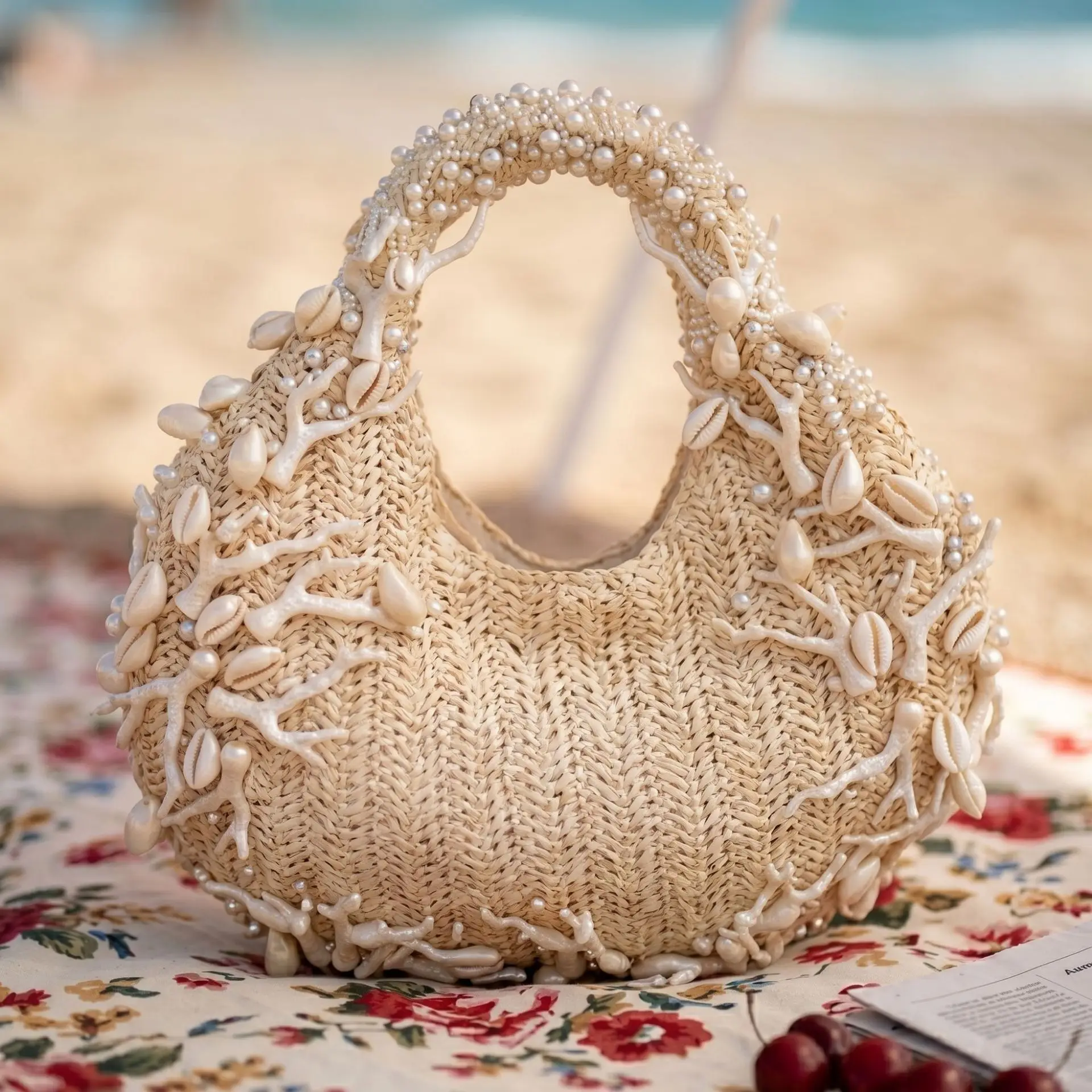 French fairy summer vacation shell pearl dumplings crescent moon tote woven beach clutch