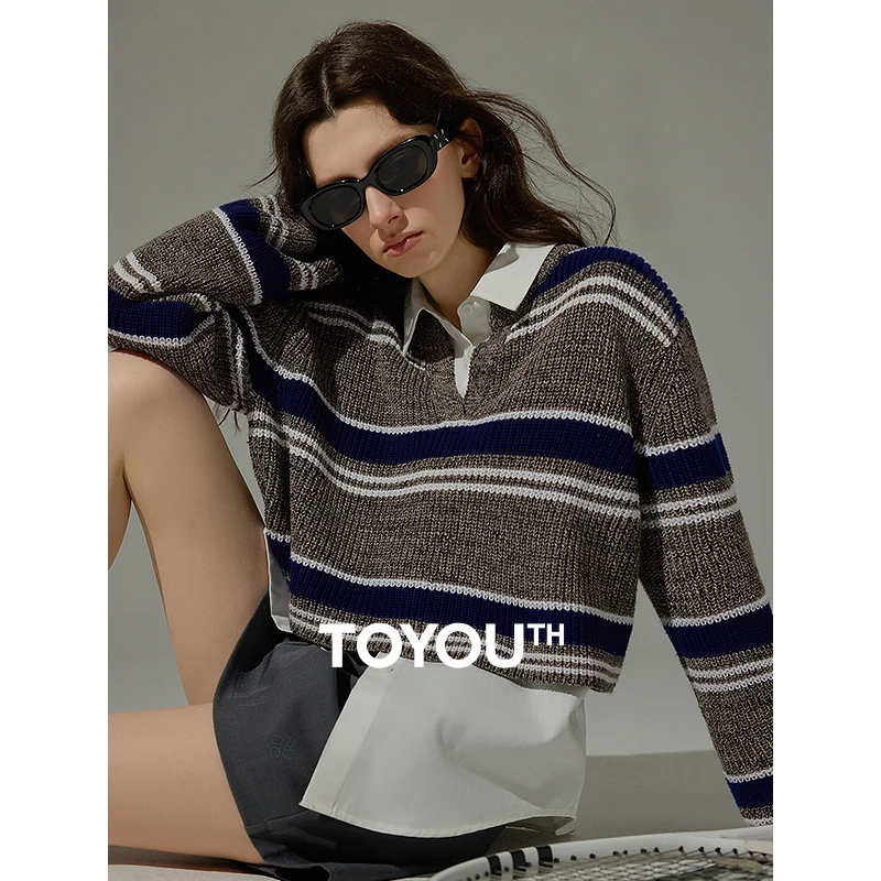 

TOYOUTH Women Knitwear Sweater 2024 Autumn New V Neck Striped Long Sleeve Short Crop Pullover Tops