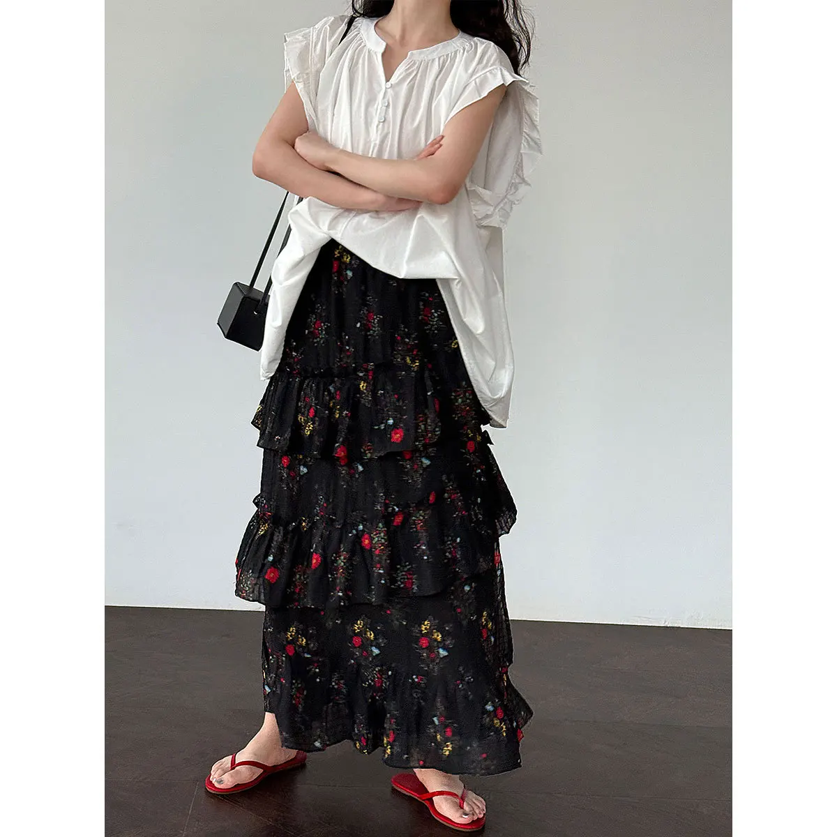 Women Floral Puffy Skirts Pleated Slit Skirt Ankle Lenth A Line Elastic Waist Thin Loose Fit Elegant Casual 2026 Spring Summer