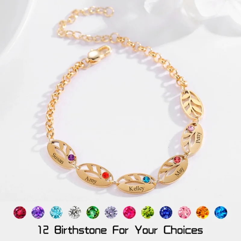 

Personalized Leaf Name Bracelet With Custom Birthstone Engraved Family Kids Names Bracelet For Mom Christmas Gift Jewellery