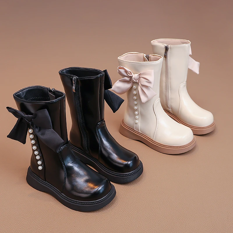 

Кожаные сапоги в стиле принцессы для девочек с бантом из бисера, новинка 2025 года, зимние детские сапоги до середины икры