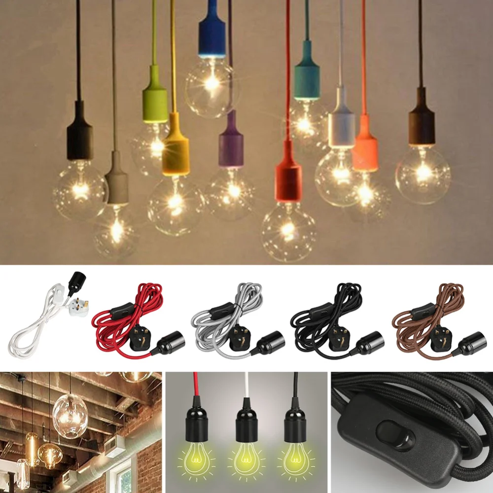 Lamp Base Holder Power Cord Cable 3/4M E27 UK Hanging Pendant LED Light Fixture Lamp Bulbs Socket Cord Adapters With Switch 220V