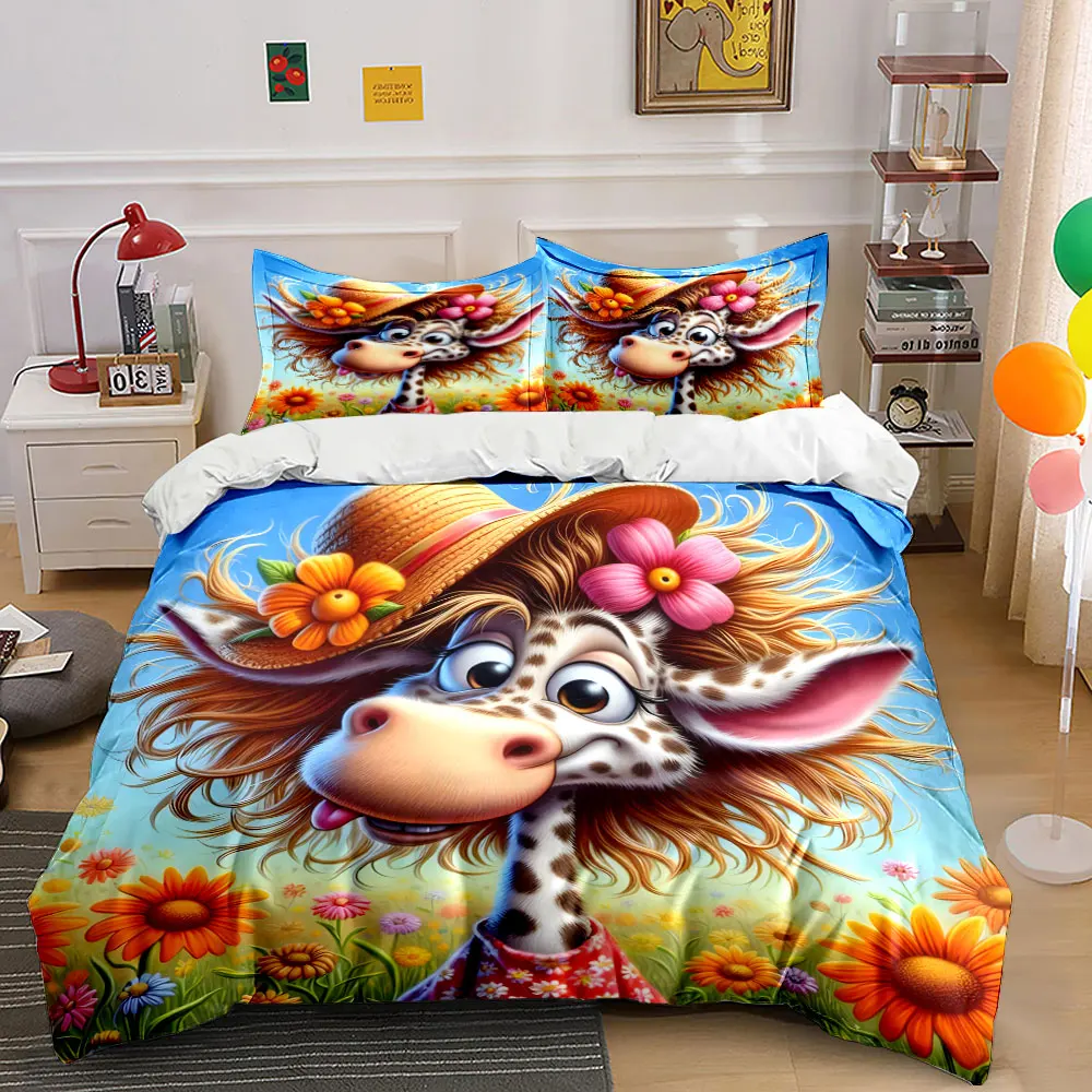 Playful giraffe in flower meadow Printed Duvet Cover Set 1 Duvet Cover+2 Pillowcase Multi Size Bedroom Bedding Decoration