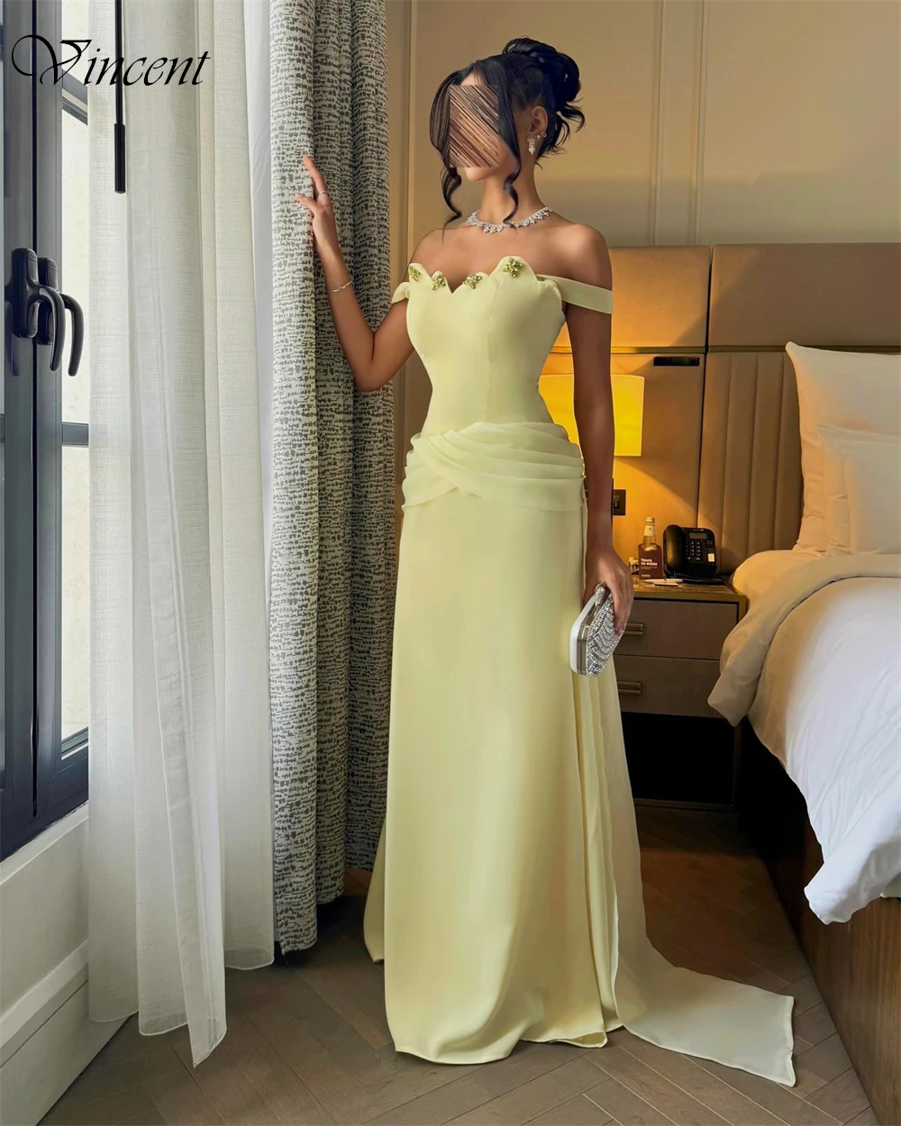 Элегантное светло-желтое вечернее платье из джерси по индивидуальному заказу, классические вечерние платья с открытыми плечами, блестящее платье для выпускного вечера с кристаллами для женщин