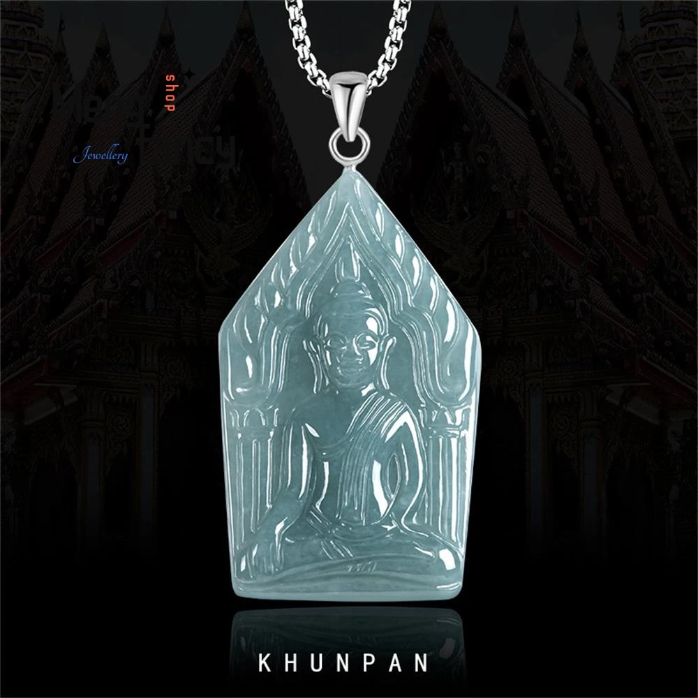 

Natural A-goods Jadeite Blue Water Dragon Borneo Khun Ping Buddha Southeast Asia Thailand Buddha Pendant Fashion Jewelry Amulets