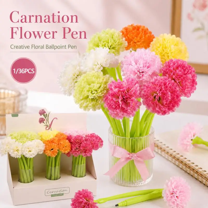 1/36PCS Random Carnation Flower Pen, Creative Floral Ballpoint Pen,  Cute Gift Stationery for School Office