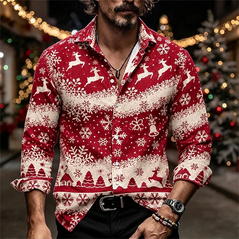 Men’s Long-Sleeve Christmas Shirt Featuring Reindeer and Snowflake Prints Collared Button-Down Design Festive Party-Themed Top