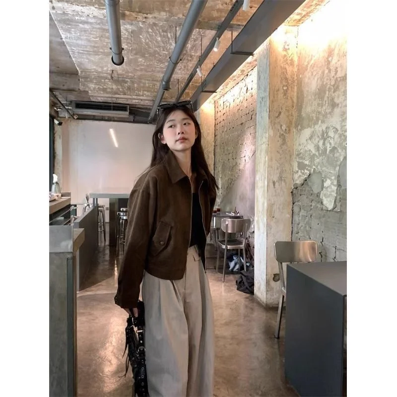 Fall New Brown Mermaid Deer Skin Velvet Jacket Women Short American Retro Motorcycle Jacket Top