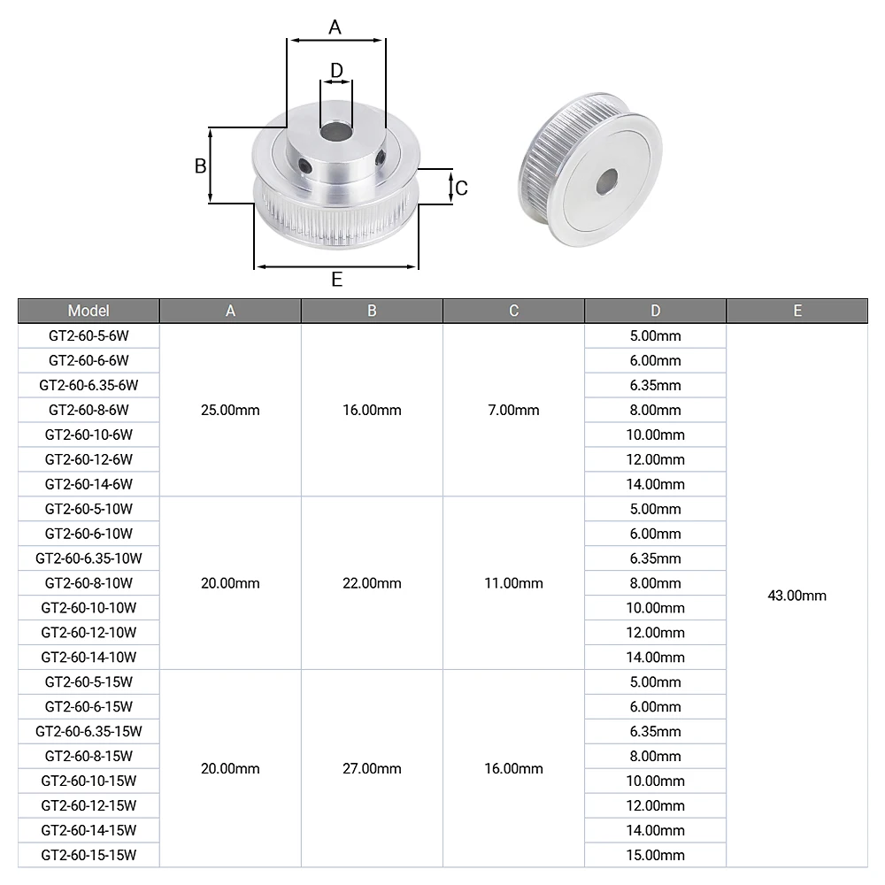 60Teeth 2GT Pulley Bore 5/6/6.35/8/10/12/14 Width 6/10/15mm Timing Pulley GT2 60T Gear Wheel for 3D Printer