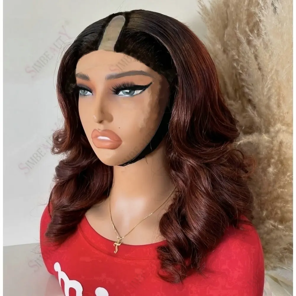 

Short Body Wave Human Hair Glueless 1x4 U Part Wigs Easy Wear 1X4 V Part Wigs Cheap Full Machine Made Reddish Brown Ombre Wig